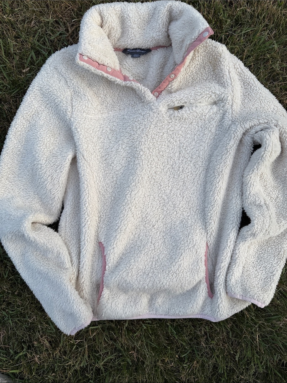 Eddie Bauer Cream Sherpa Pullover with Pink Trim Accents